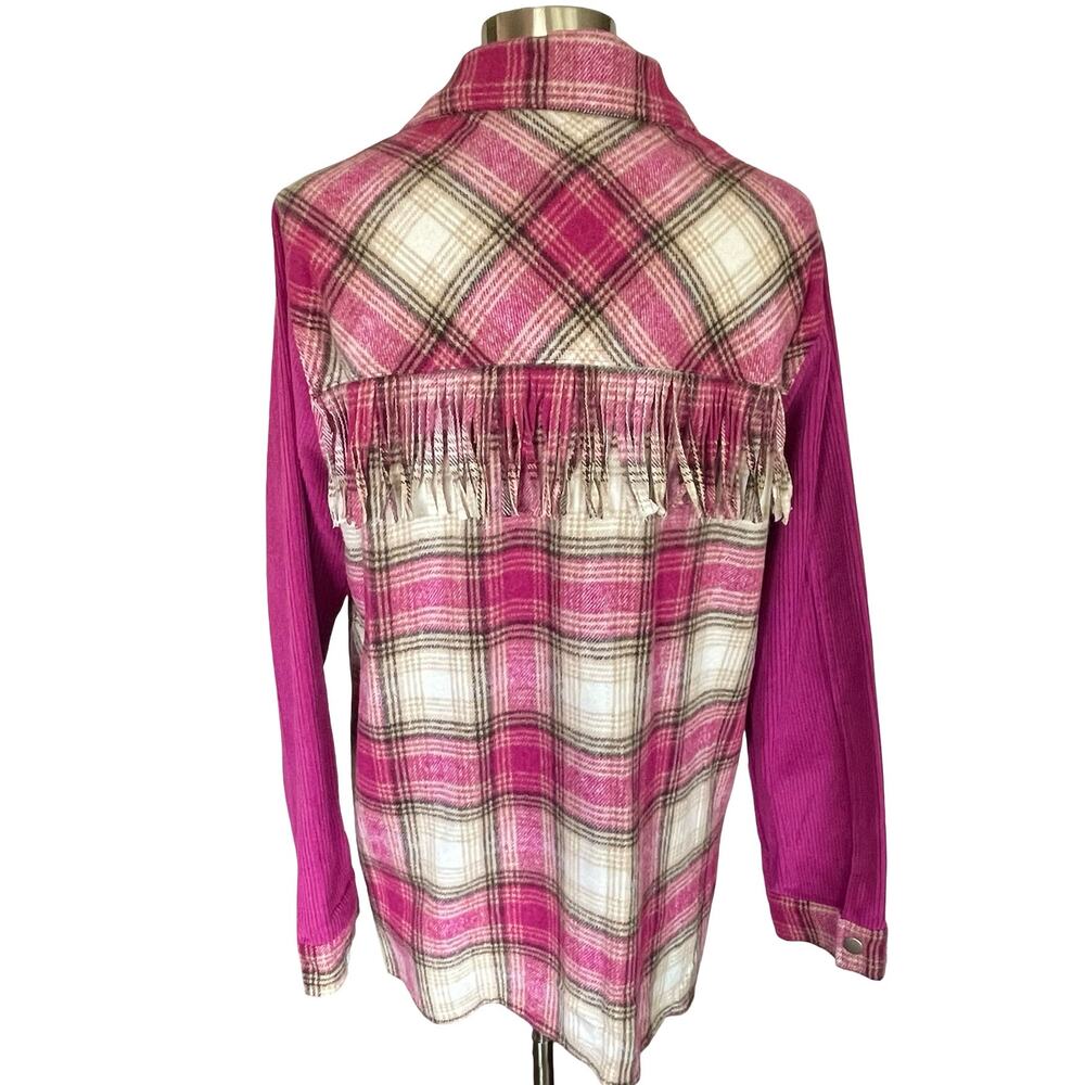 Umgee Bright Pink & White Plaid Corduroy Shacket Size L Fringed Boho Festival - Picture 8 of 11